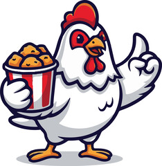 Cartoon chicken mascot holding a bucket of delicious fried chicken and giving a thumbs up. © Najmun