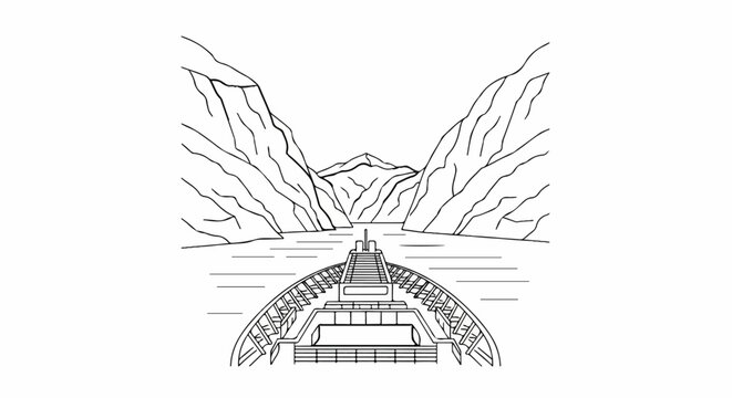 Ship sailing through a narrow gorge with rocky cliffs and distant mountains