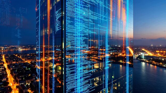 Futuristic building with digital code overlay