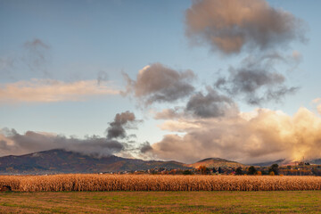 Jesienny krajobraz z dramatycznymi pięknymi chmurami w świetle zachodzącego słońca © piotr