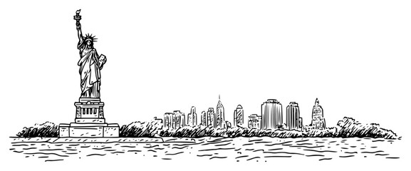 New York City Skyline with Statue of Liberty Panoramic Sketch Vector, Manhattan Cityscape Hand Drawn Illustration © JakubVectorSketch
