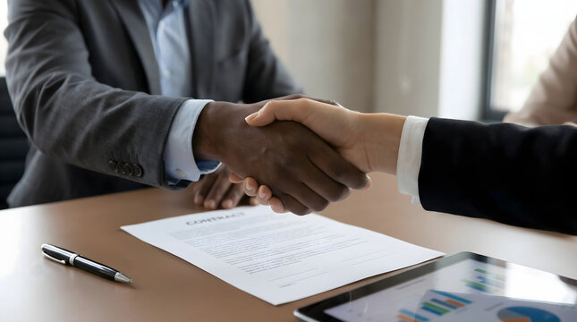 close up of a professional handshake between a black man and a white woman over a signed contract on a desk for business partnership agreement and successful cooperation concept