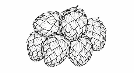 Fototapeta premium A detailed black and white illustration of a cluster of seven hop cones