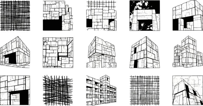 Abstract, geometric stone structures and line patterns create a sense of ancient, monumental architecture