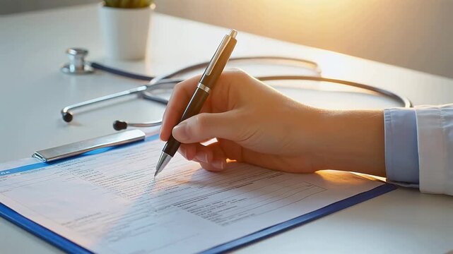 Doctor filling medical form with pen