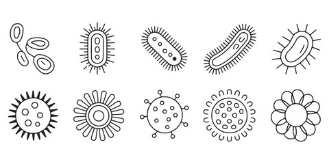 Microscopic organism line icons set of various bacterial shapes for educational and clinical illustrations