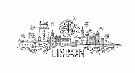 Obraz premium Iconic Lisbon skyline with a deciduous tree and falling leaves, rendered in line art