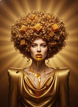 Woman with Golden Afro Hair and Honeycomb Cubes Dripping Honey