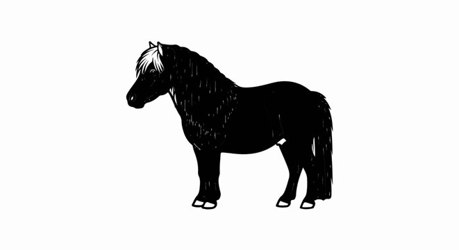 A black pony with a white forelock stands isolated on a white background