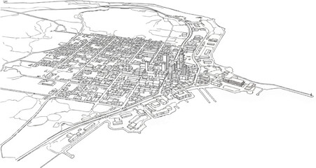 Fototapeta premium Detailed aerial sketch of a dense city with a harbor and surrounding natural landscape