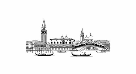 Obraz premium Black and white sketch of Venice skyline with gondolas and iconic bridge