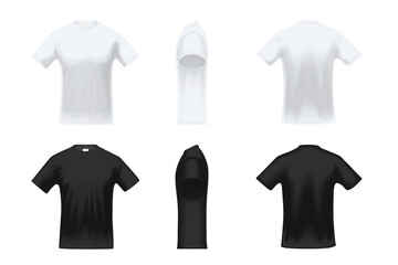 Naklejka premium Set of blank white and black t-shirt templates. Vector illustration of male apparel from front, side and back, symbol of fashion and design.