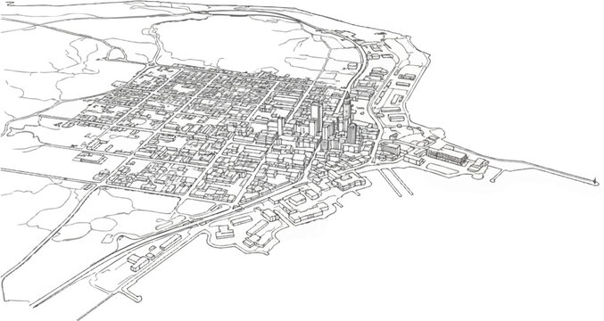 Detailed aerial sketch of a dense city with a harbor and surrounding natural landscape