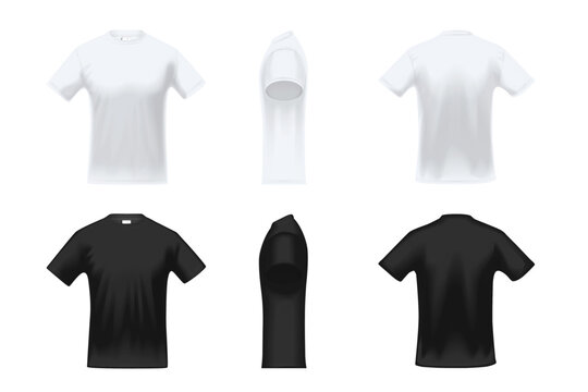 Set of blank white and black t-shirt templates. Vector illustration of male apparel from front, side and back, symbol of fashion and design.