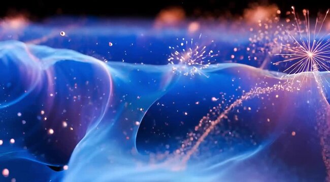 Organic glowing blue and orange wave patterns with swirling lines and ethereal light particles