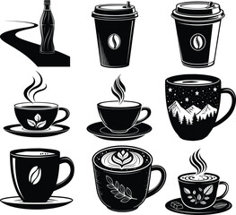 Obraz premium Black and white collection of coffee cups and a soda bottle hot drink beverage caffeine morning