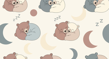 Obraz premium Cute Sleeping Bears Seamless Pattern with Moon and Zzz icons