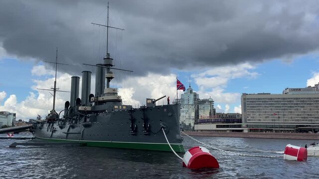 Famous Russian cruiser Aurora moored in Saint Petersburg on a sunny day, symbol of the October Revolution.