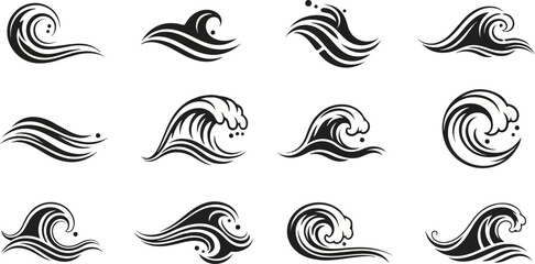 Fototapeta premium Collection of stylized black and white wave illustrations
