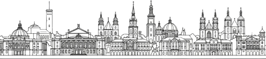 Fototapeta premium A detailed line drawing depicts a city skyline with numerous ornate buildings and spires