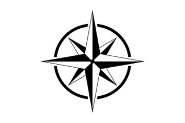 Fototapeta premium Compass rose icon with eight-point star and circular ring, black and white navigation symbol in flat vector style