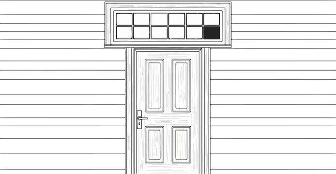 A simplified illustration of a paneled door below a multi-pane transom window