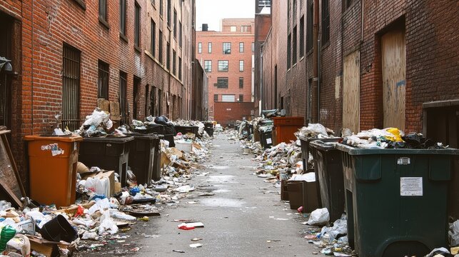 A cluttered urban alleyway overflowing with trash and discarded items under a clear sky.
