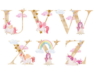 Watercolor letters with unicorns for invitation card, nursery poster and other.