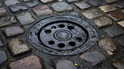 Obraz premium Close up of a city storm drain grate covered in plastic pollution and debris on wet cobblestone streets during overcast lighting