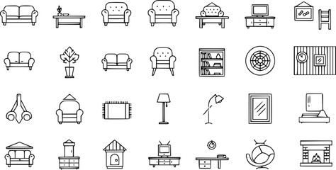 Fototapeta premium Family room furniture outline top view. Floor plan icons set for design interior and architectural project. Furniture thin line icon in top view for layout.