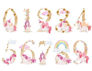 Watercolor numbers with unicorns for invitation card, nursery poster and other.