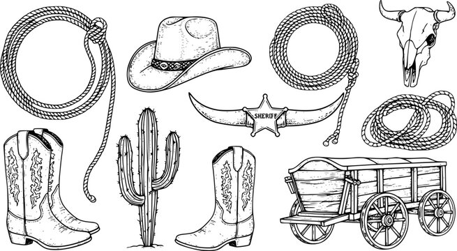 Rope frame with cowboy hat and lasso. Vector wild west illustration isolated on white foe design.
