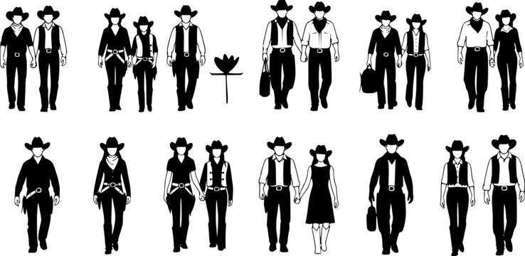Silhouette of a couple in cowboy hats line dancing. set
