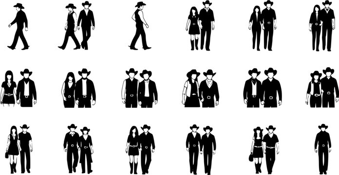 Silhouette of a couple in cowboy hats line dancing. set
