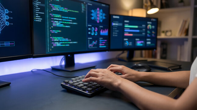 close up of software developer hands typing on mechanical keyboard with multiple computer monitors displaying program code and data analytics in dark home office or workstation