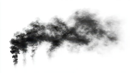 Black smoke exhaust plume from vehicle emissions isolated on a white background, symbolizing urban pollution and environmental impact