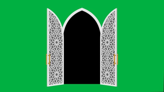 animated arc door with islamic pattern open inside and outside, animation footage video on alpha channel(transparent) background.