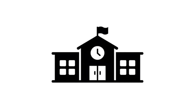 A simple black and white illustration of a school building with a clock and flag.