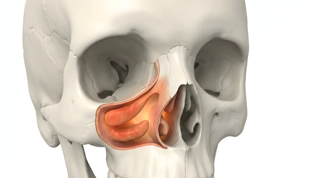 detailed 3d medical illustration of human skull showing inflamed nasal cavities and paranasal sinuses with glowing orange light representing sinusitis or respiratory infection