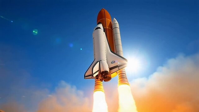 Space shuttle launch with bright flames