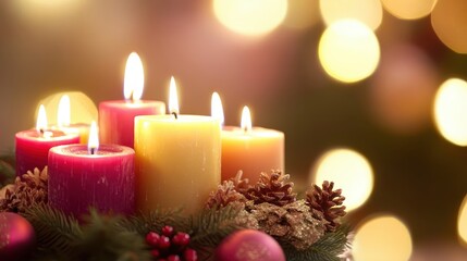 Warm Christmas Candles Illuminating a Festive Holiday Centerpiece with Cozy Ambiance and Soft Bokeh Lights
