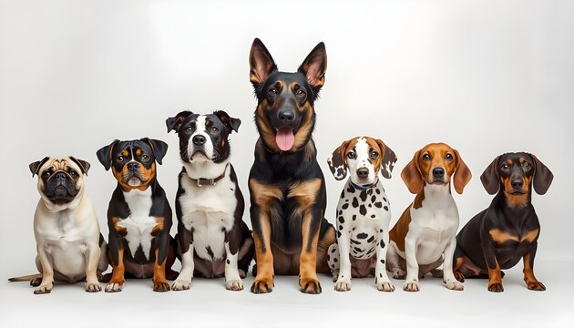 A group of seven adorable dogs sitting together in a row on a white background