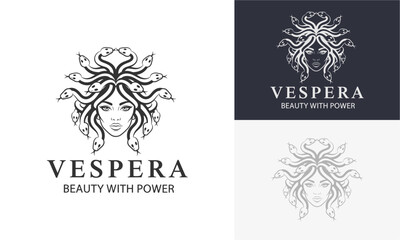 Medusa logo design elements collage with typography on varied backgrounds from a frontal viewpoint