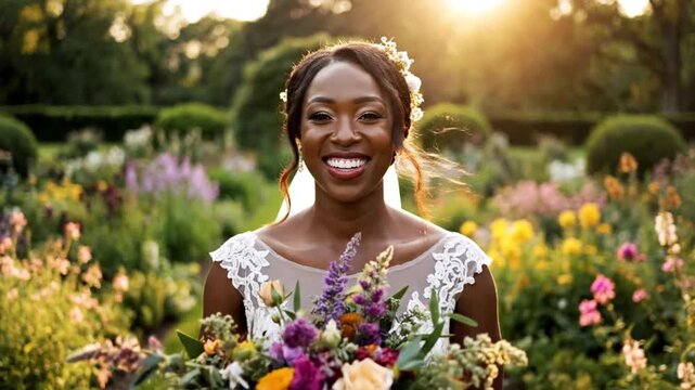 A Beautiful Bride Posing in a Garden with a Bouquet, Smiling at the Camera at Golden Hour