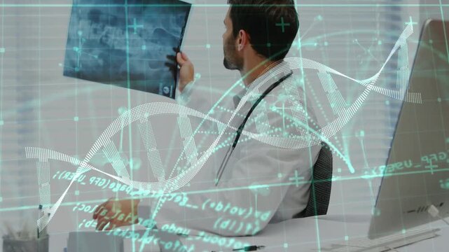 Medical doctor reaching for rotating X-ray film while reviewing notes for diagnosis, DNA overlay