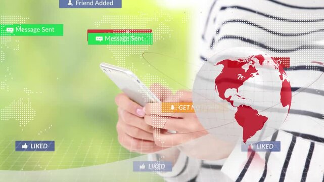 Person tapping phone, causing social media subscribe and msg popups, red globe connecting viewers