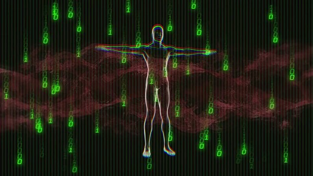 Neon humanoid outline rotating through profiles after data pulse, binary rain showing system sync