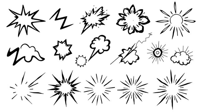 Large Collection of Hand Drawn Comic Motion Lines Speed Bursts Explosion Effects Lightning Bolts and Cartoon Expression Symbols Isolated on White Background for Graphic Design Manga and Pop Art Projec