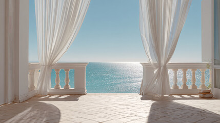 Fototapeta premium Minimal Mediterranean terrace with flowing white linen curtains framing a turquoise sea view, calm summer breeze moving sheer drapes in bright natural sunlight