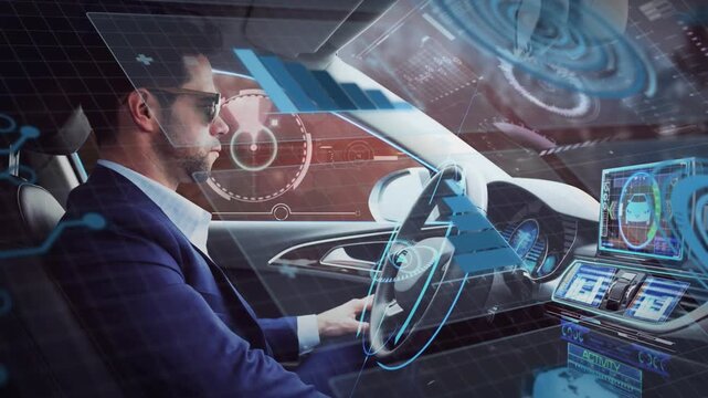 Male driver tapping console, starting auto AR HUD monitoring systems, showing radar, wheel overlay